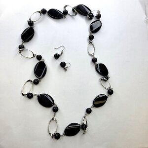 Black Beaded Necklace and Earrings Long Necklace